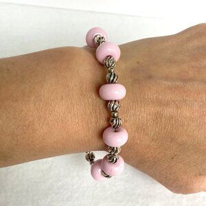 Sterling Silver 925 11MM Pink Glass & Swirl Bead Ball Beaded Bracelet 8" 19g